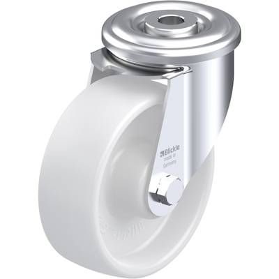 Zwenkwiel met wit wiel en zilveren behuizing. Aan de zijkant staat 'Blickle, Made in Germany'.