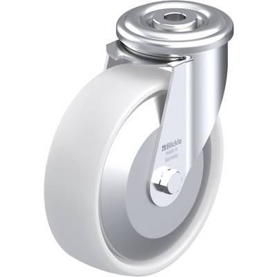 Witte industriële zwenkwiel met metalen behuizing en bevestigingselement, geschikt voor gebruik in transportkarren en apparatuur.