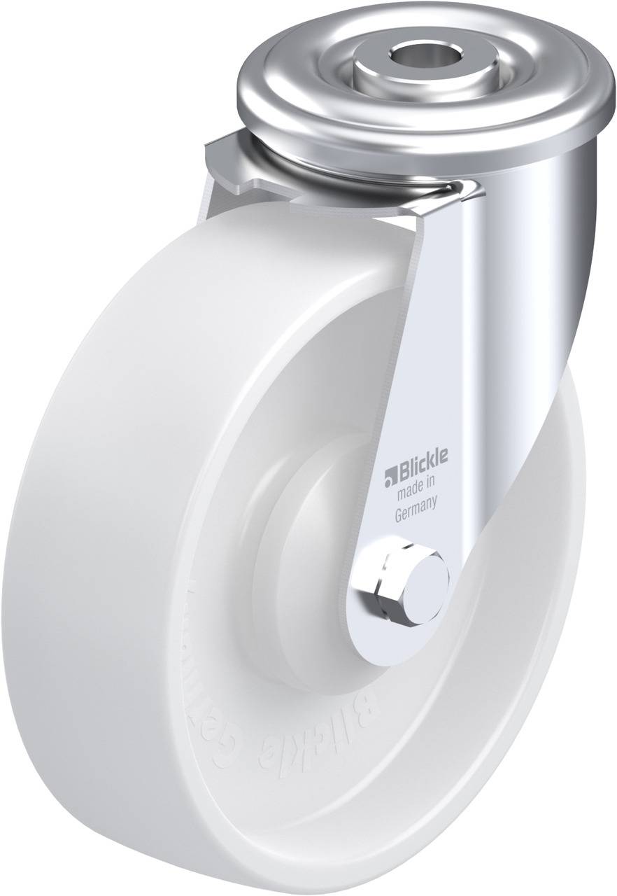 Zwenkwiel met wit wiel en een glanzende metalen houder. Op de houder staat 'Blickle made in Germany'.