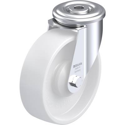 Zwenkwiel met wit wiel en een glanzende metalen houder. Op de houder staat 'Blickle made in Germany'.