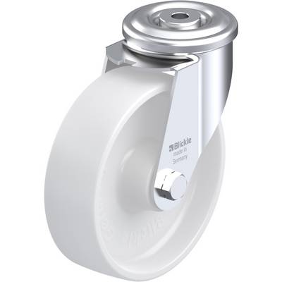 Een zilveren zwenkwiel met een wit wieldeel, bedrukt met 'Blickle made in Germany', geschikt voor meubilair of industriële toepassingen.