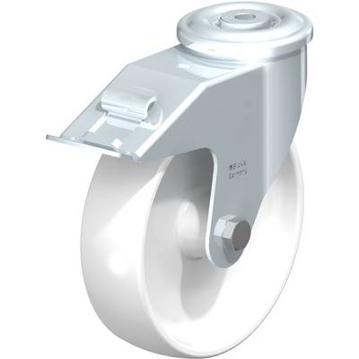 Industriële zwenkwiel met metalen behuizing en wit wiel. Deze wordt vaak gebruikt in productie- en transportsystemen.