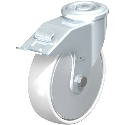 Een wit, open wiel met metalen bevestiging. Het lijkt deel uit te maken van een meubelwiel of apparaatrol die wordt gebruikt om objecten te verplaatsen.