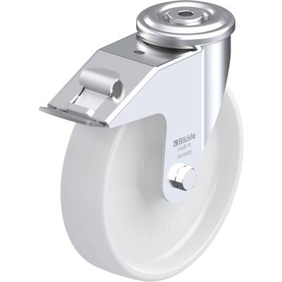 Metalen rol met wit kunststofwiel, geschikt voor industriële toepassingen. Opschrift 'Blickle, made in Germany' duidelijk zichtbaar.