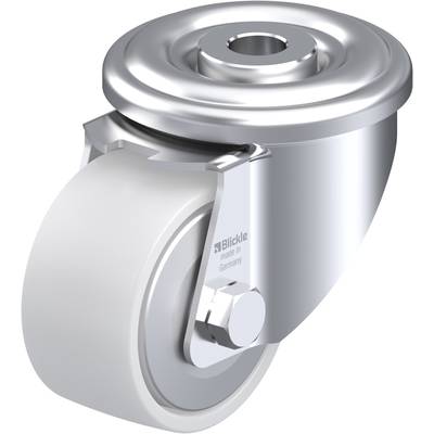 Metalen stuurwiel met wit wiel en beugel. Gemarkeerd met 'Blickle made in Germany'. Gebruikt voor meubels of transportapparatuur.