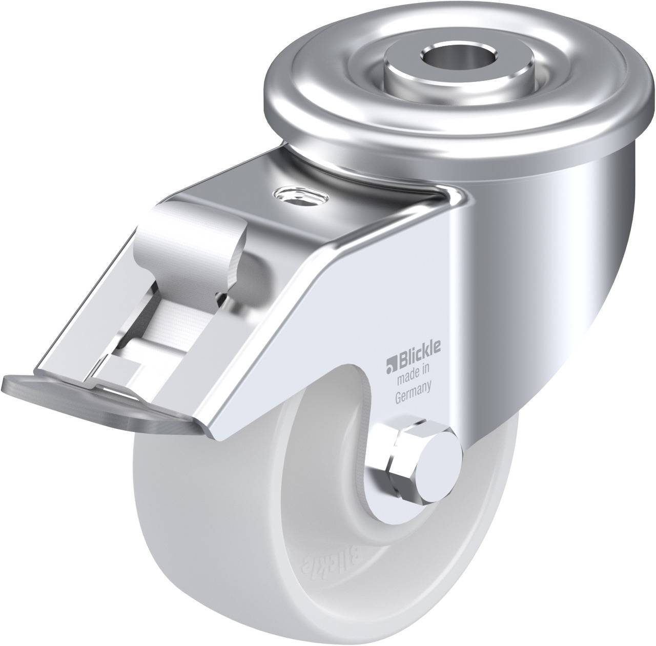 Metalen stuurwiel met een vast behuizing en een wit wiel. Aan de zijkant staat "Blickle made in Germany".