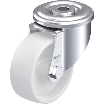 Een witte, draaibare wiel met metalen behuizing, geschikt voor meubels of industriële apparatuur. Aan de zijkant staat 'Blickle made in Germany'.