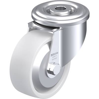 Metalen en kunststof wiel, gemonteerd op een metalen houder. Zwenkwiel, waarschijnlijk geschikt voor meubels of wagens.