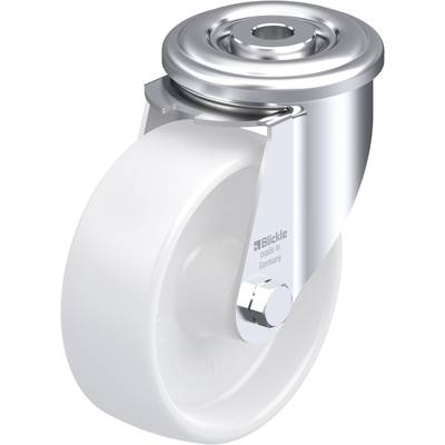 Zwenkwiel van roestvrij staal met een wit, rond wiel. Hij is ontworpen voor industrieel gebruik en toont het productontwerp van Blickle.