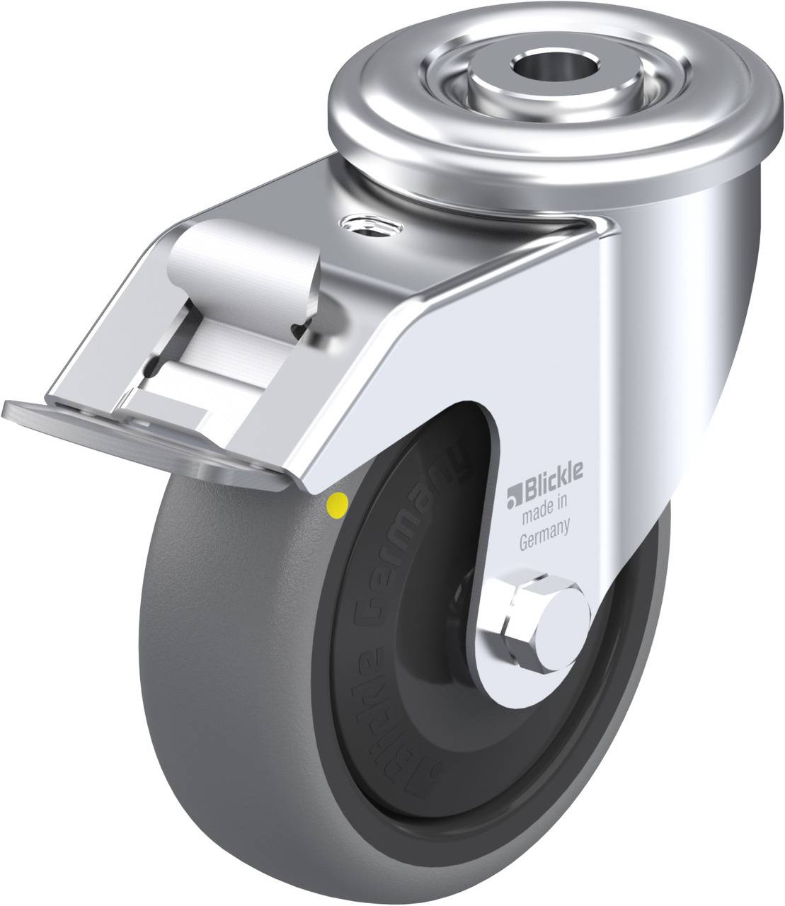 Metalen wiel met grijze rubberen band en montageplaat, geschikt voor meubels of apparaten. Opschrift 'Blickle made in Germany'.