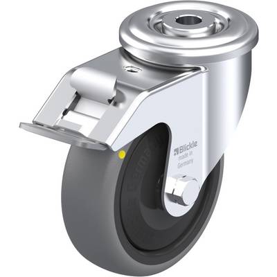 Metalen wiel met grijze rubberen band en montageplaat, geschikt voor meubels of apparaten. Opschrift 'Blickle made in Germany'.
