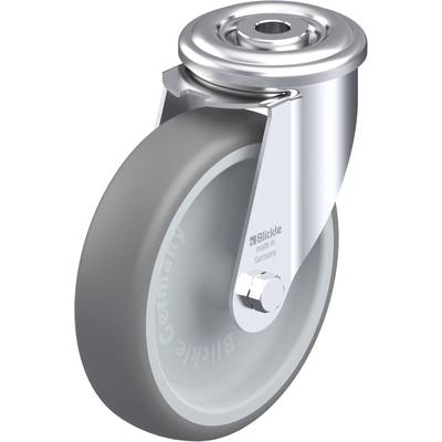 Industrieel stuurwiel met grijze rubberen loopvlak en glanzende metalen behuizing, geproduceerd in Duitsland.