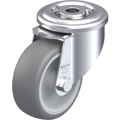 Zwenkwiel van metaal met een grijs rubberen wiel, gemerkt met 'Blickle made in Germany'. Voornamelijk geschikt voor meubel- en apparaatverplaatsing.