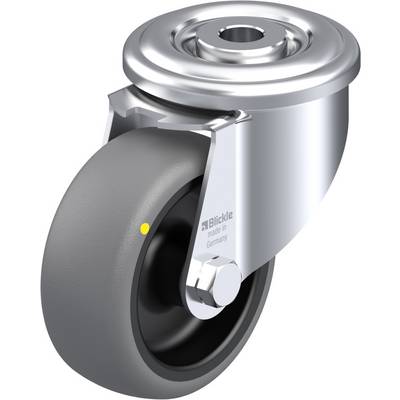 Industrieel rollager van metaal met grijs wiel en bevestiging. Gemarkeerd met 'Blickle made in Germany'.