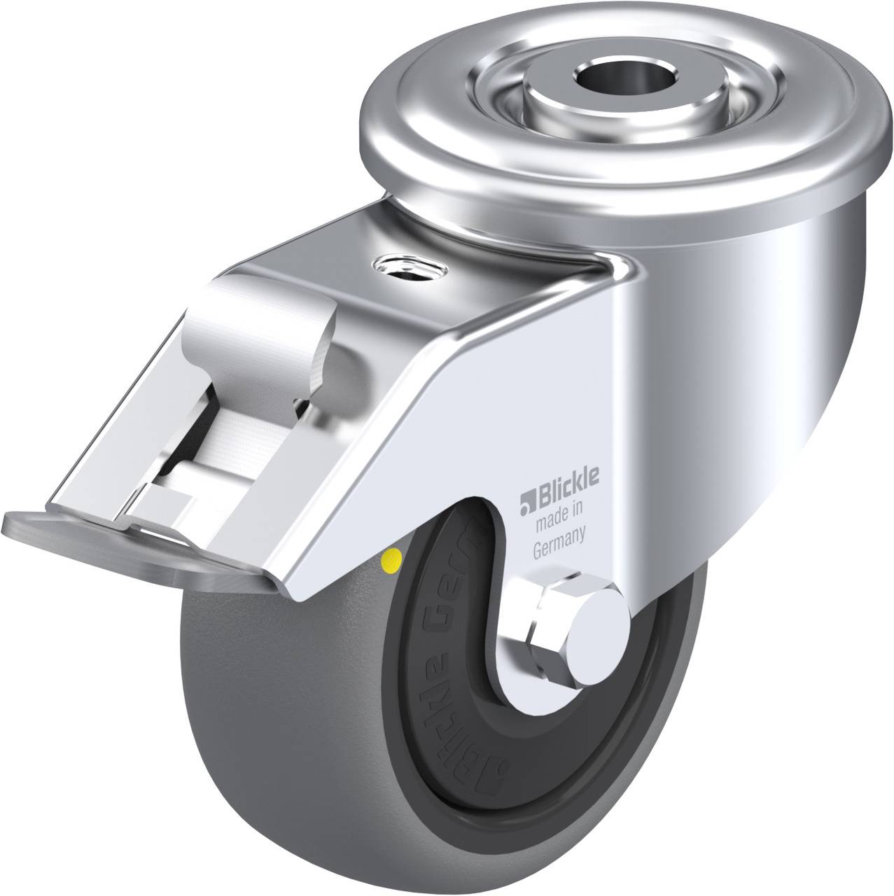 Een zilveren stuurwiel met grijze rubberen banden en een metalen bevestiging. Op de bevestiging staat 'Blickle made in Germany'.
