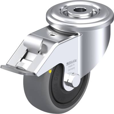 Een zilveren stuurwiel met grijze rubberen banden en een metalen bevestiging. Op de bevestiging staat 'Blickle made in Germany'.