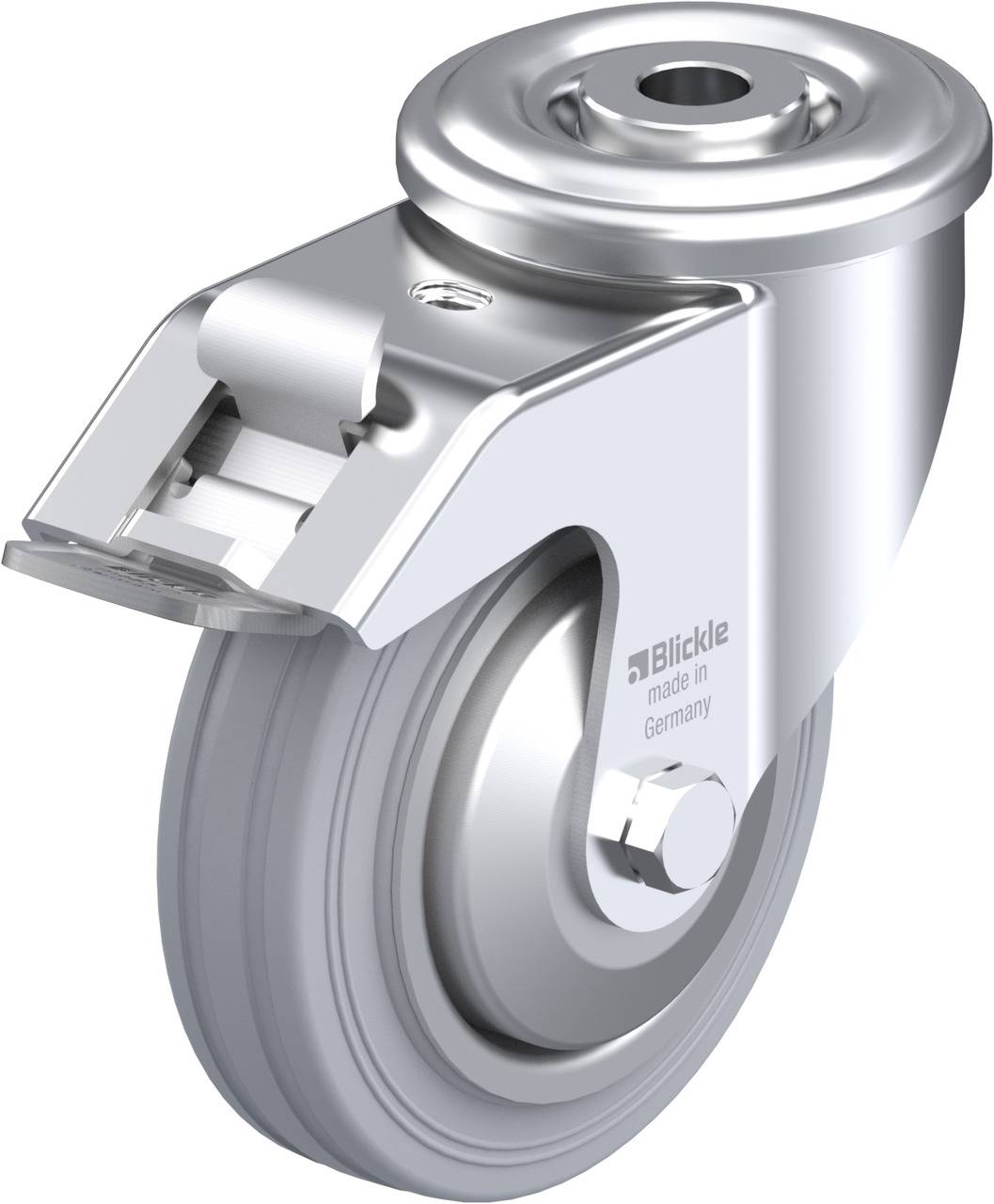 Zwenkwiel van metaal met grijs wiel, veiligheidsbehuizing en opschrift 'Blickle made in Germany', geschikt voor industriële toepassingen.