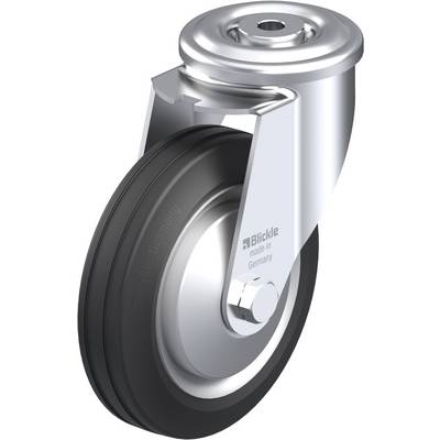 De afbeelding toont een zwenkwiel met een zwarte band en een zilveren metalen behuizing, voorzien van het opschrift 'made in Germany'.
