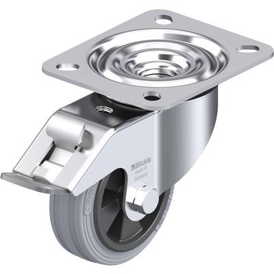 Een zwenkbaar metalen wiel met een grijs loopvlak, geschikt voor meubels of transportapparatuur.