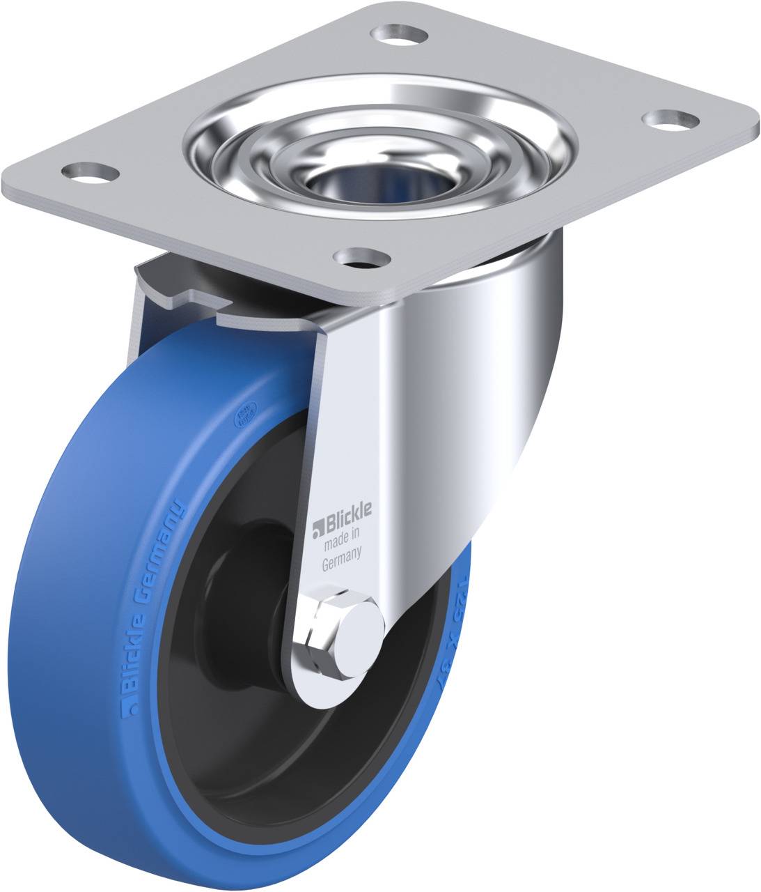 Metalen zwenkwiel met blauwe rubberen band, gemonteerd op een zilveren plaat, geschikt voor meubels of transportkarren.