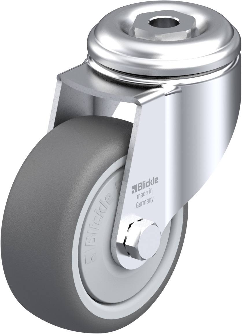 Grijs stuurwiel met metalen behuizing. Aan de zijkant staat 'Blickle made in Germany'. Robuust en geschikt voor uiteenlopende toepassingen.