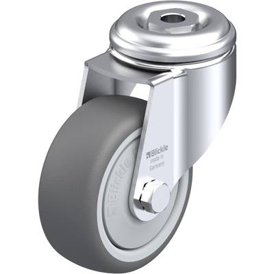 Grijs stuurwiel met metalen behuizing. Aan de zijkant staat 'Blickle made in Germany'. Robuust en geschikt voor uiteenlopende toepassingen.