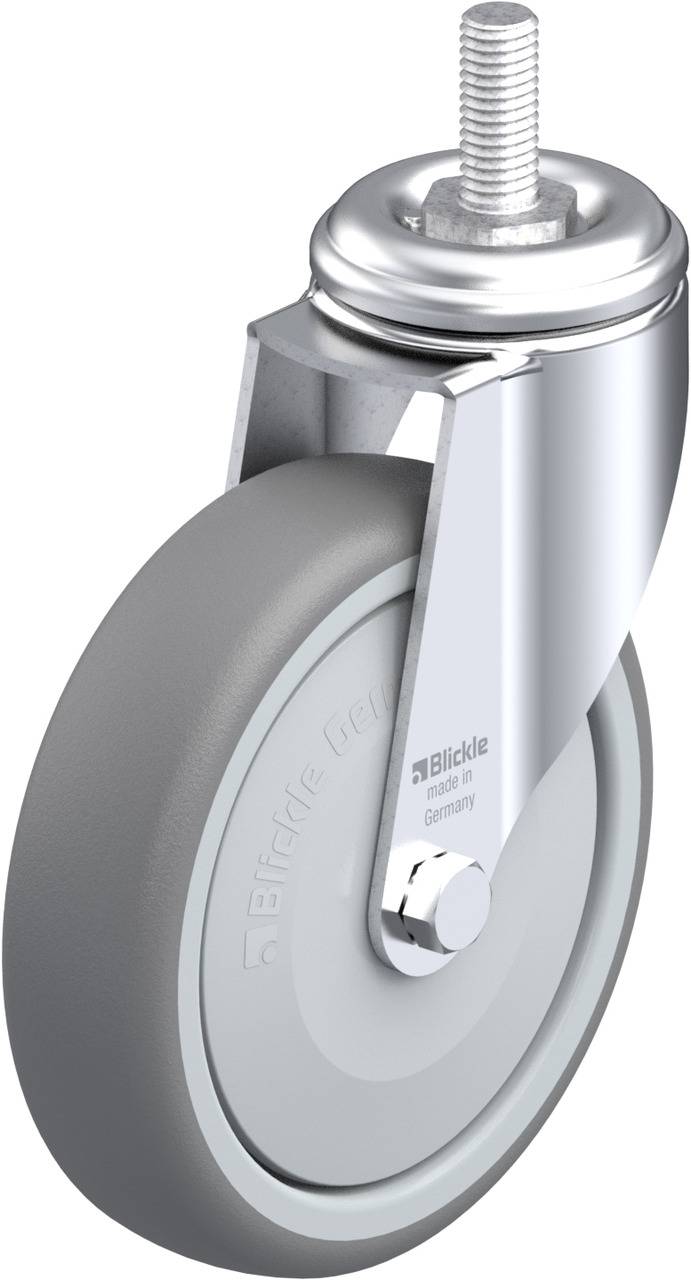 Grijze bokrol met zilveren metalen behuizing en draadbouten, geschikt voor gebruik in de industrie of meubelopbouw.