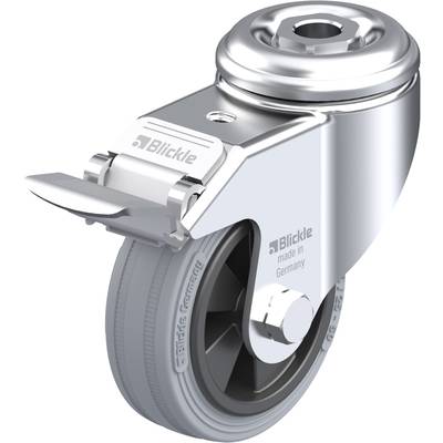 Industriële stuurwiel van metaal met rubberen wiel, rem en opschrift 'Blickle made in Germany', geschikt voor zware lasten.