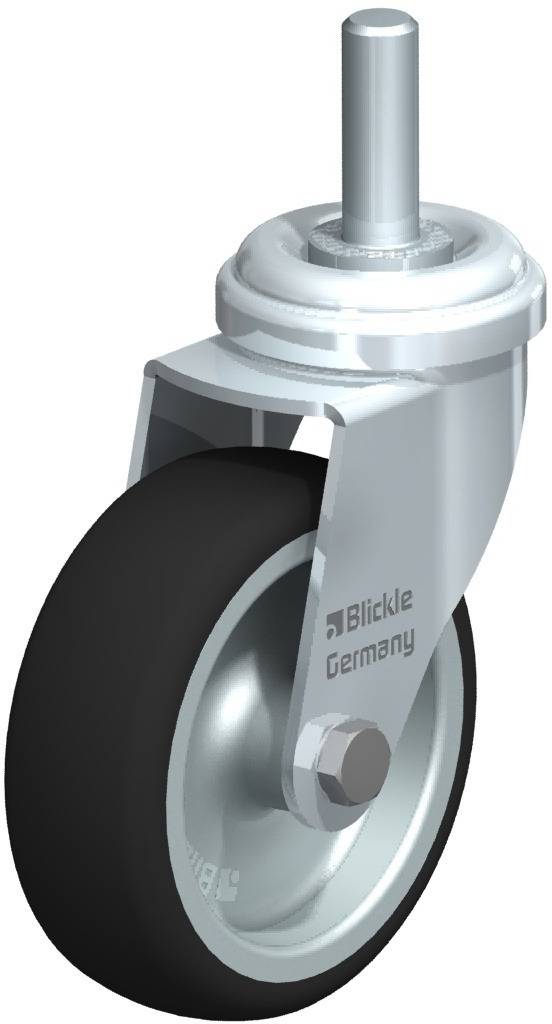 Wiel met zwart rubber en een zilver behuizing, geschikt voor transportkarren, gemarkeerd met 'Blickle Germany'.