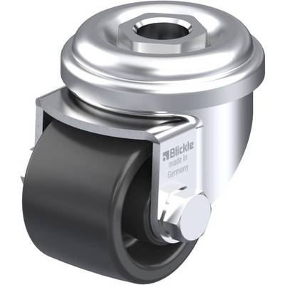 Metalen rol met zwart wiel en zilverkluis, opschrift 'Blickle made in Germany', geschikt voor meubilair of apparatuur.