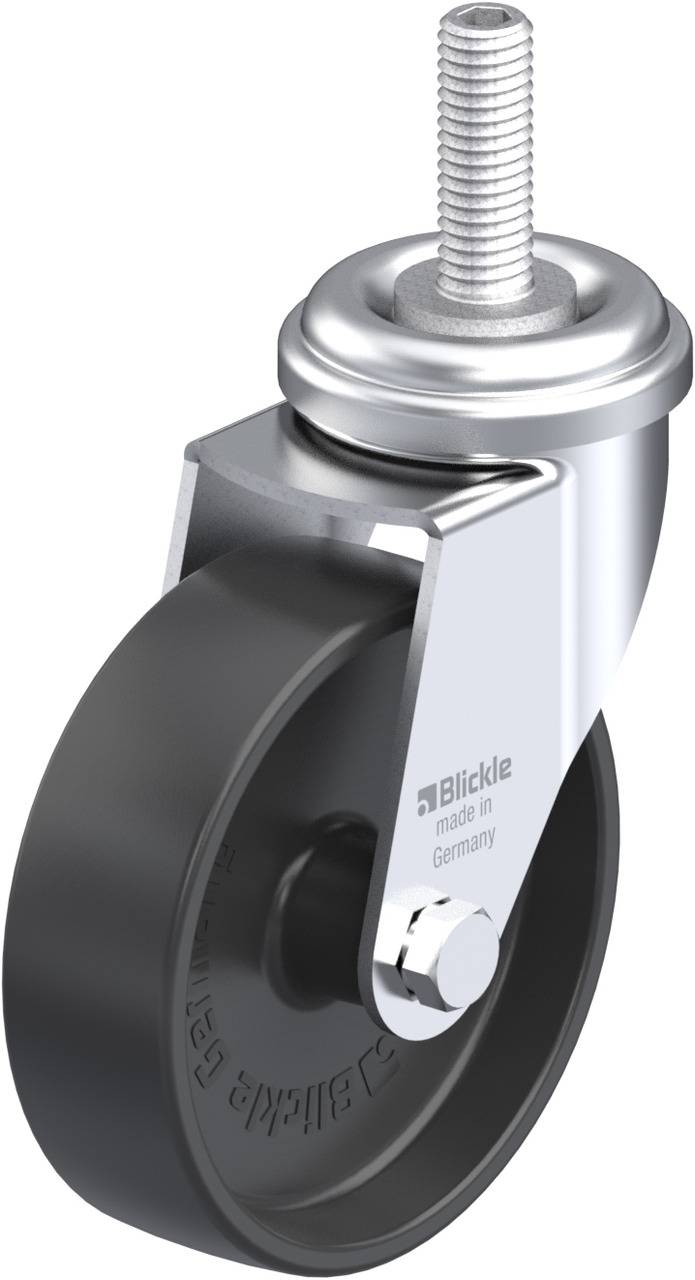 Zwenkwiel met zwart wiel en zilverkleurige behuizing. Bevat bevestigingsbouten. Opdruk 'Blickle Made in Germany'.