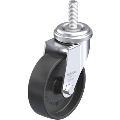 Zwenkwiel met zwart wiel en zilverkleurige behuizing. Bevat bevestigingsbouten. Opdruk 'Blickle Made in Germany'.