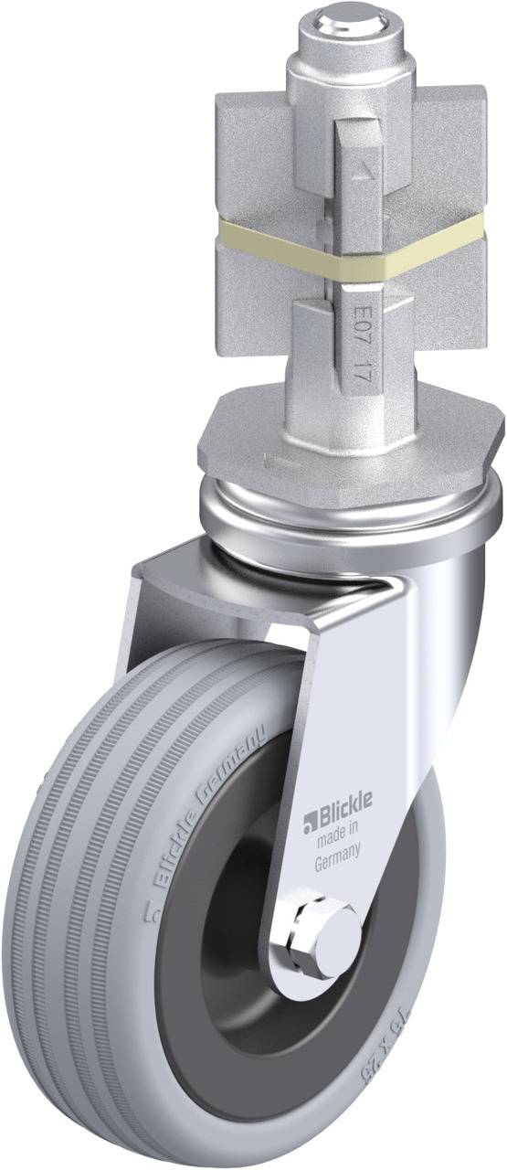 Industriewiel met metalen behuizing en grijs rubberen wiel, opschrift 'Blickle'. Geschikt voor zware lasten in fabrieksomgevingen.