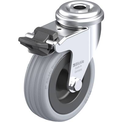 Metalen wiel met grijs wiel en rem, met opdruk 'Blickle made in Germany'. Geschikt voor transport- of meubelgebruik.