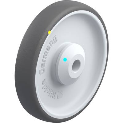 Rubberen wiel in grijstinten met opschrift 'Made in Germany'. Rond ontwerp met gladde loopvlak, centrale naaf-opening zichtbaar.