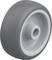 Een grijs, enkelsporig wiel met een witte naaf. Geschikt voor montage aan apparaten of meubels die wielen nodig hebben.