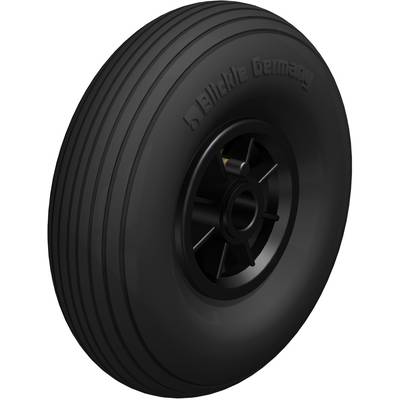 Een zwart wiel met een geribbeld oppervlak en een centraal asgat. Opschrift 'Blickle Germany' aan de rand van de band.