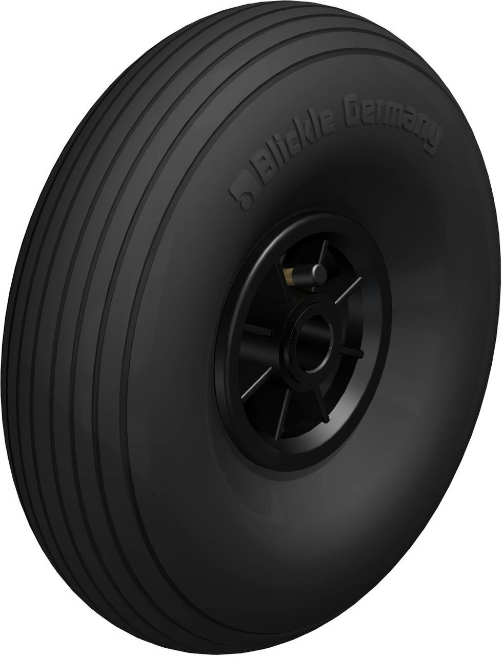 Zwart massief rubberwiel met gegroefde profielstructuur en zwarte velg. Geschikt voor transportapparatuur. Tekst 'Blickle Germany' op het wiel.