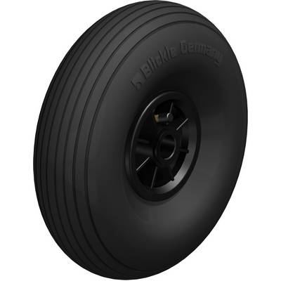 Zwart massief rubberwiel met gegroefde profielstructuur en zwarte velg. Geschikt voor transportapparatuur. Tekst 'Blickle Germany' op het wiel.