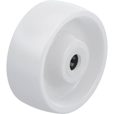 Een enkele, witte wielen met een zwarte as, glad en cilindrisch van vorm, afgebeeld tegen een neutrale achtergrond.