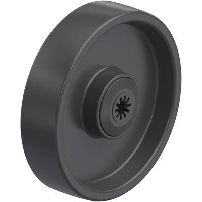 Zwart wiel met een centrale opening en een getand patroon rond het midden, vermoedelijk onderdeel van een mechanisch apparaat.