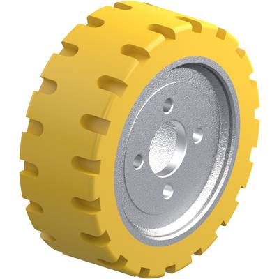 Geel wiel met metaalkleurige velgkern en diep profiel. Geschikt voor industriemachines of zware voertuigen.