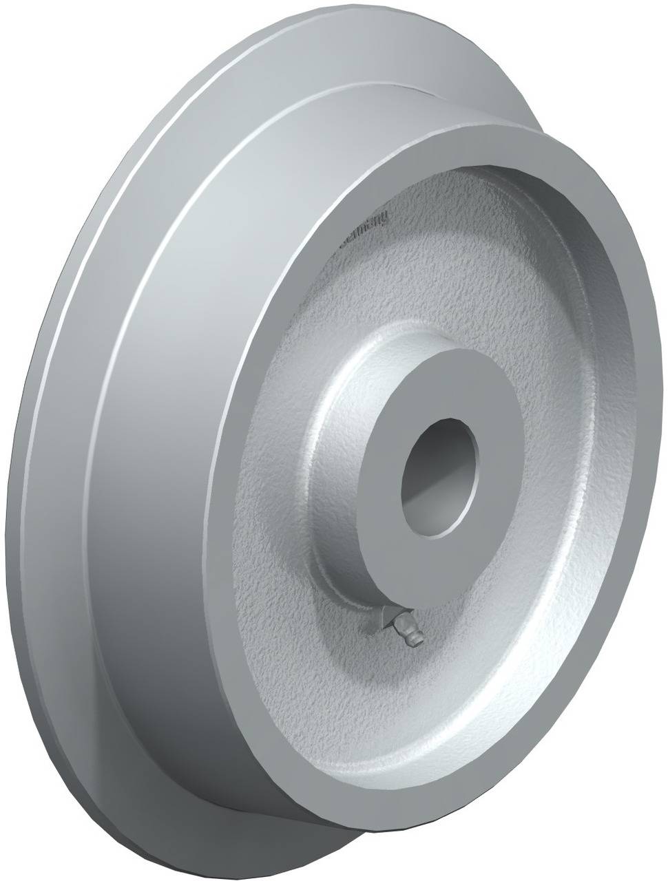 Gesmeed onderdeel: Ronde metalen schijf met een cilindrische opening in het midden, zilverkleurig, waarschijnlijk een mechanisch onderdeel.