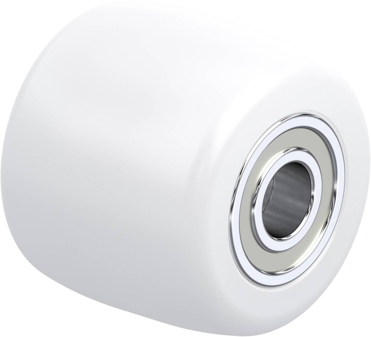 Een wit wiel met een ingebouwd metalen kogellager, dat meestal wordt gebruikt voor skateboards of rolschaatsen.