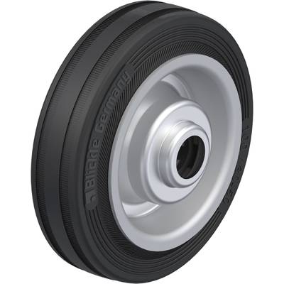 Zwart rubber transportwiel met zilveren naaf en opdruk 'Blickle Germany', geschikt voor zware lasten en industriële toepassingen.