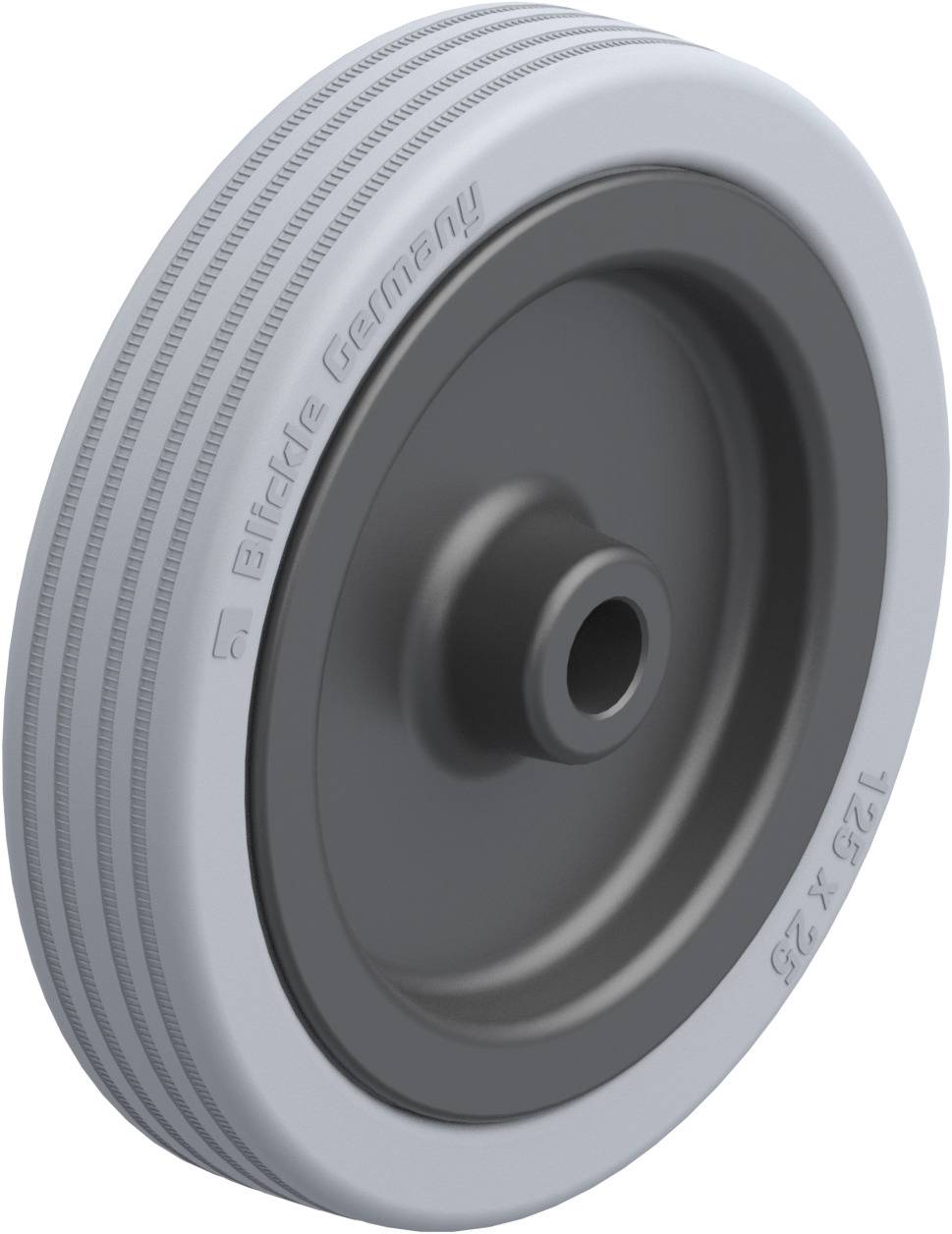 Industriewiel met grijze band en metalen velg, gedrukte opdruk 'Blickle Germany', maat 125x35mm.