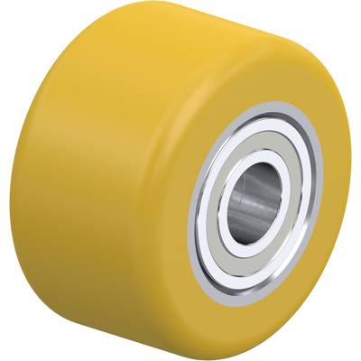 Geel wiel met metalen kern en lager, gebruikt voor skateboards of rolschaatsen.