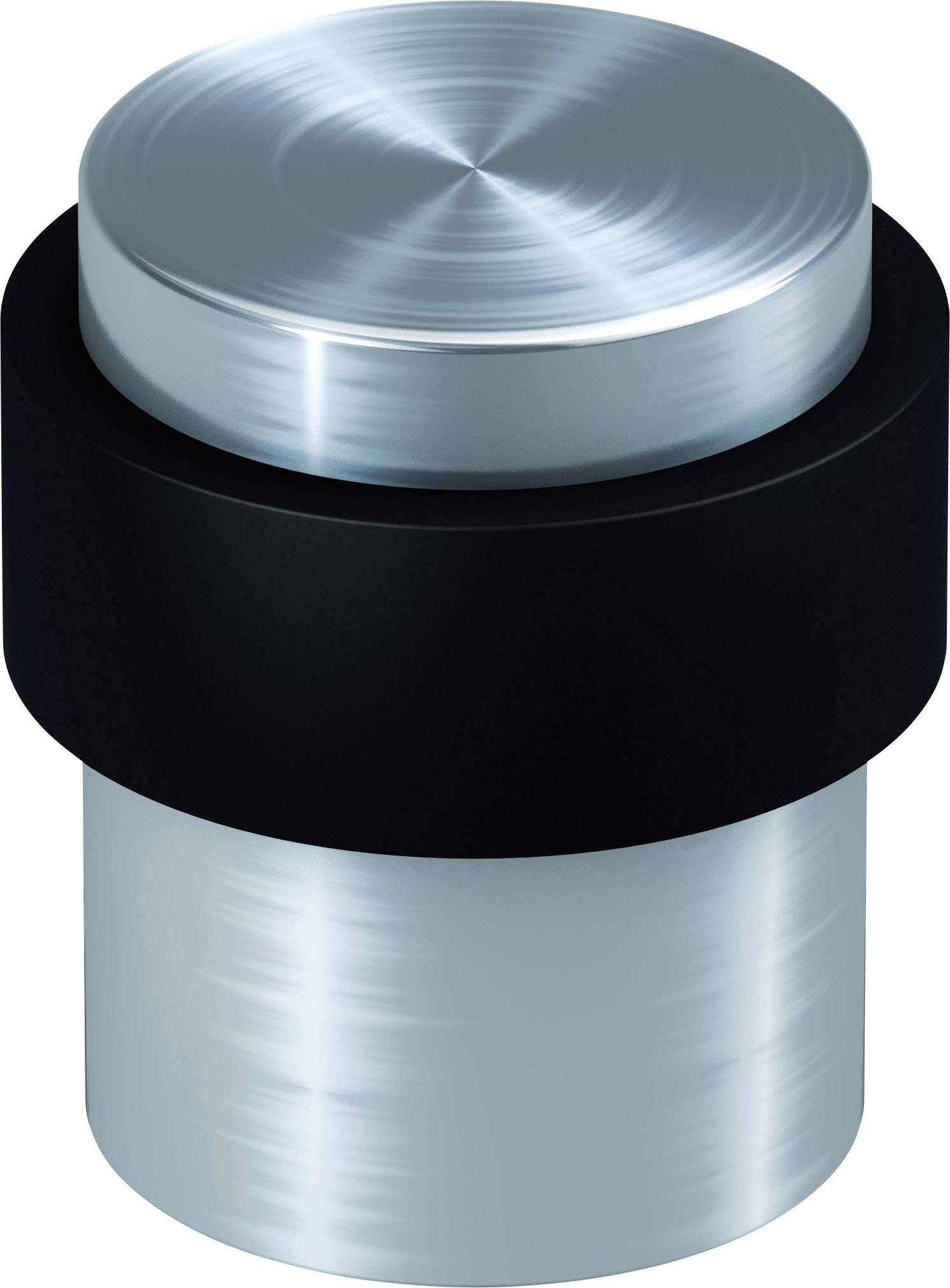 Een cilindrische deurstop van metaal met een zwarte rubberen coating, geschikt voor montage op de vloer en bescherming tegen beschadigingen.