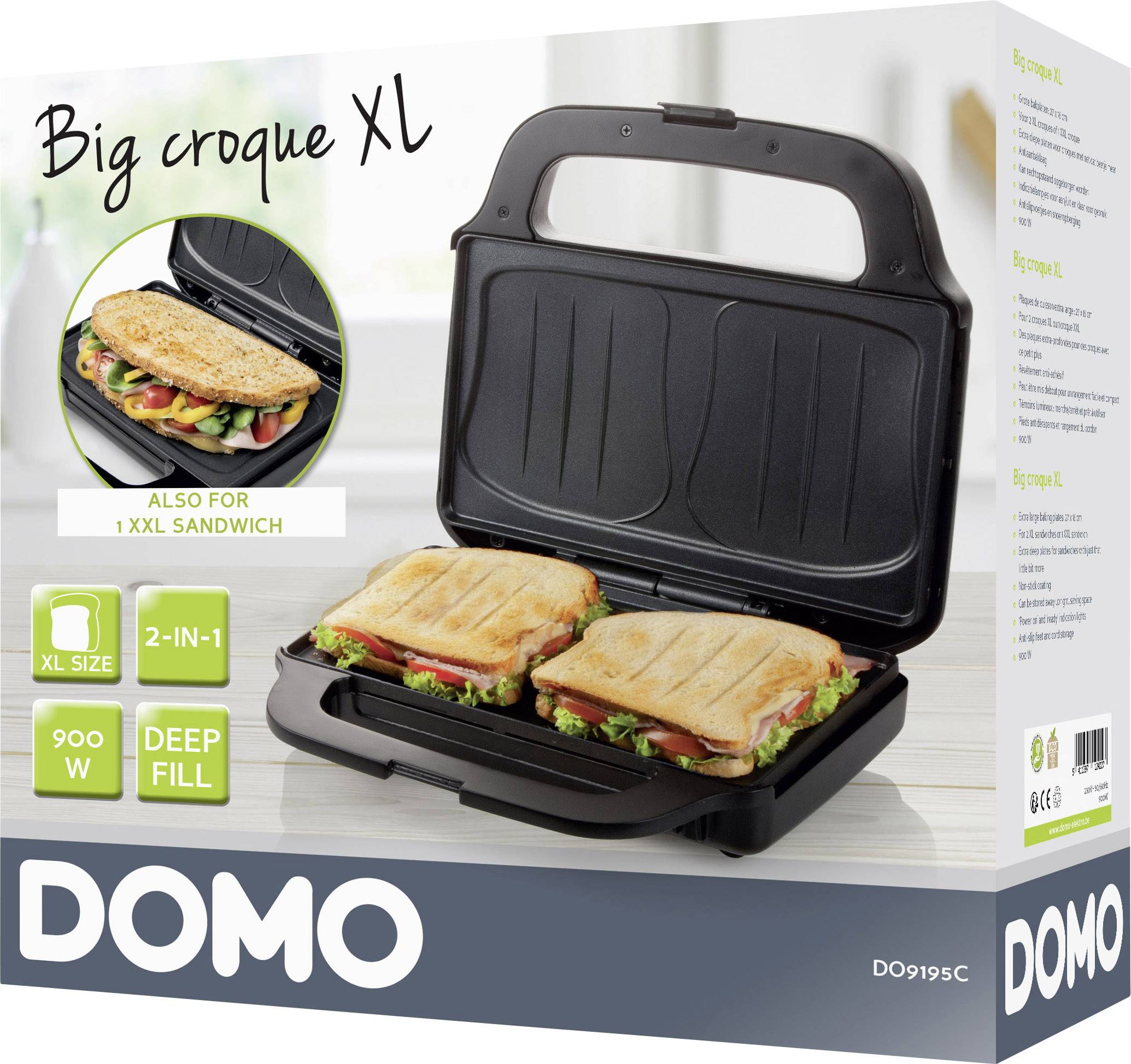 Verpakking van een tosti-apparaat 'Domo Big croque XL', toont het apparaat met twee tosti's en benadrukt zijn 2-in-1-functie.