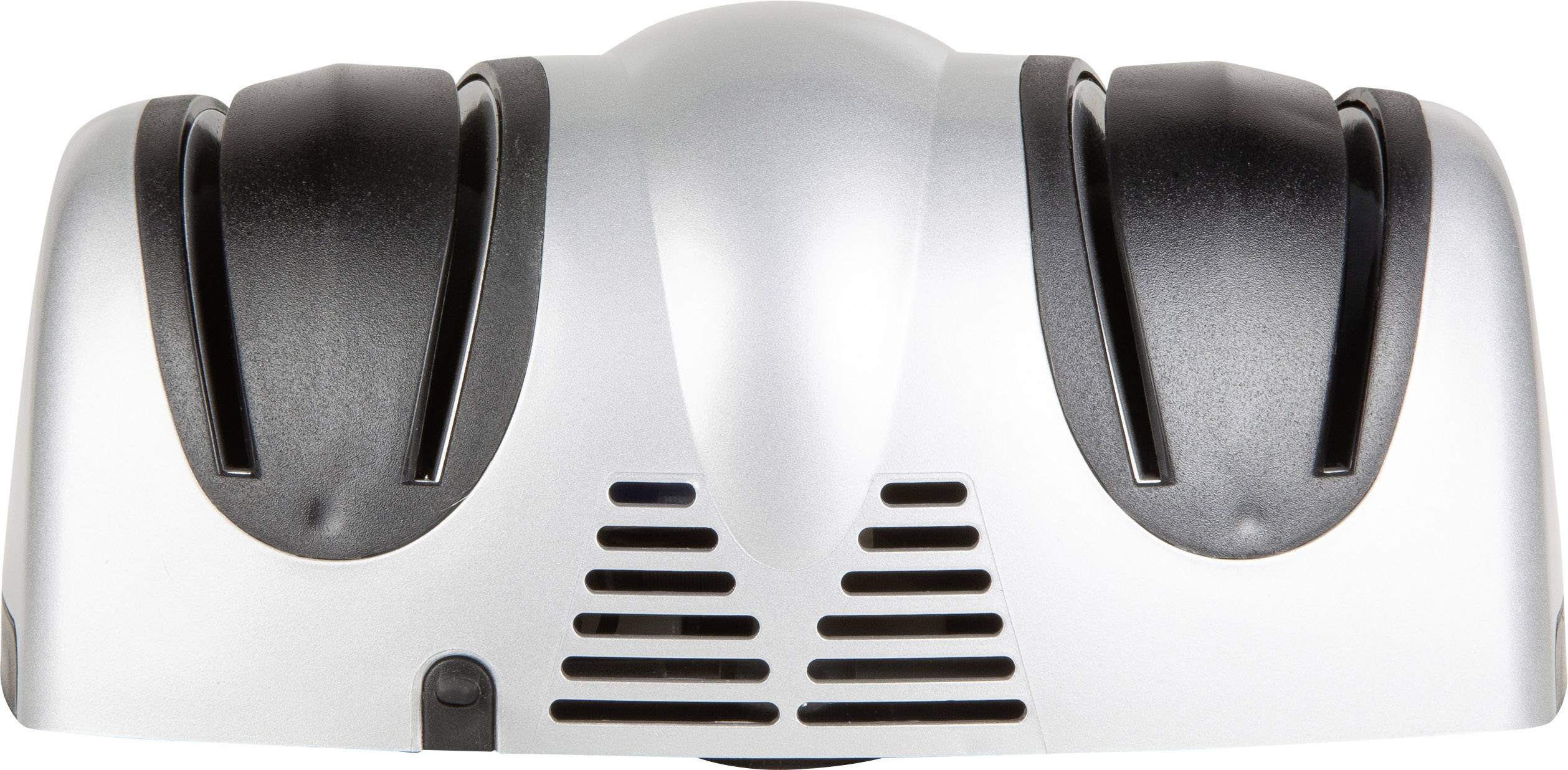 Een zilveren, rechthoekig apparaat met ventilatiesleuven en twee zwarte groeven, waarschijnlijk een koel- of ventilatiesysteem.